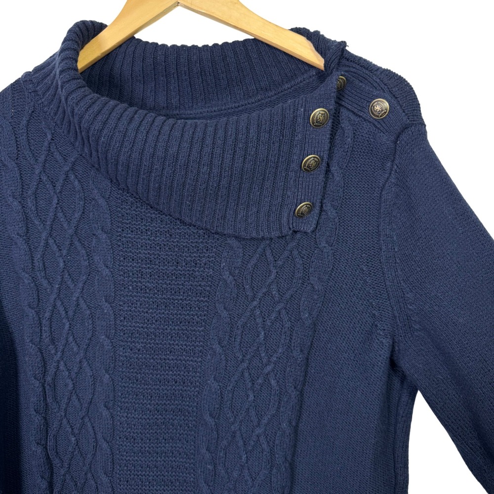 Tommy Hilfiger Womens Sweater XL Navy Blue Cable Knit Chunky Cowl Neck Fisherman